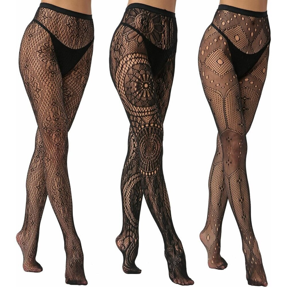 🆕Women's Black Fishnet Tights with Floral and Geometric Patterns Stylish